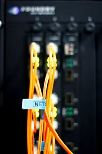 Network cables plugged into a server